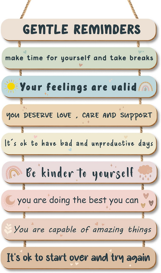 Mental Health Affirmations Wall Art: Inspirational wooden decor with positive reminders in calming pastel colors, ideal for therapy offices, classrooms, or student spaces.